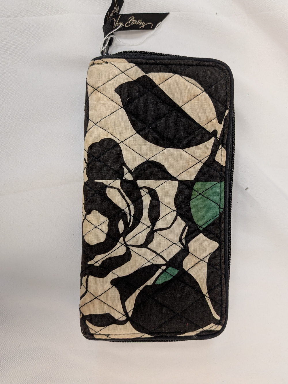 Vera Bradley Black & Cream Quilted Zip Wallet with Green Accents